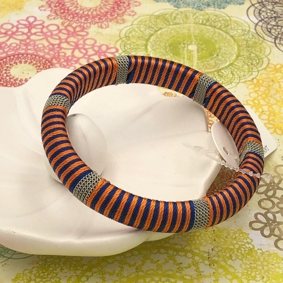 🌼 Orange and Blue Thread Wrapped Silver Chain Stackable Bangle Bracelet - Picture 1 of 1